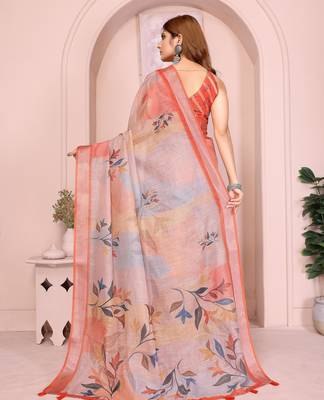orange printed  designer pallu linen saree 3