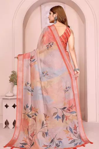 orange printed  designer pallu linen saree