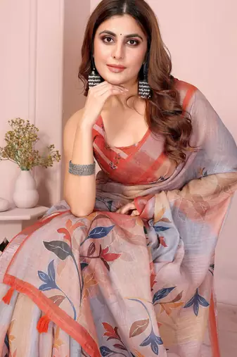 orange printed  designer pallu linen saree