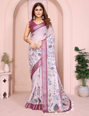 light purple printed  designer pallu linen saree 1