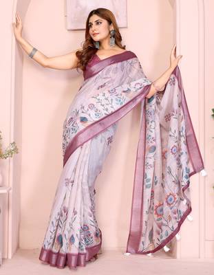 light purple printed  designer pallu linen saree 2