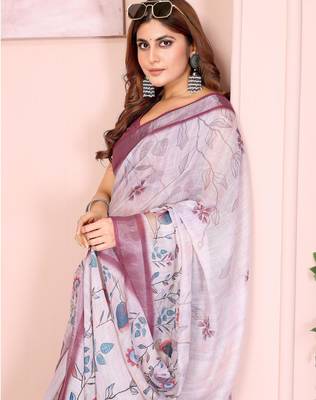 light purple printed  designer pallu linen saree 4