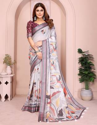 grey printed  designer pallu linen saree 1