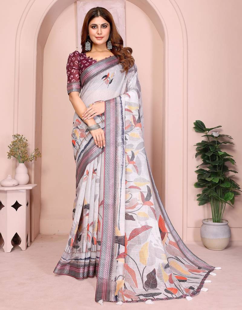 grey printed  designer pallu linen saree