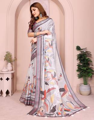 grey printed  designer pallu linen saree 2