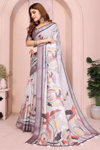 grey printed  designer pallu linen saree