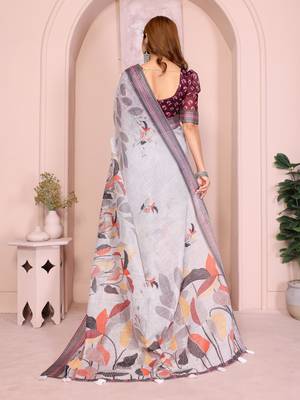 grey printed  designer pallu linen saree 3