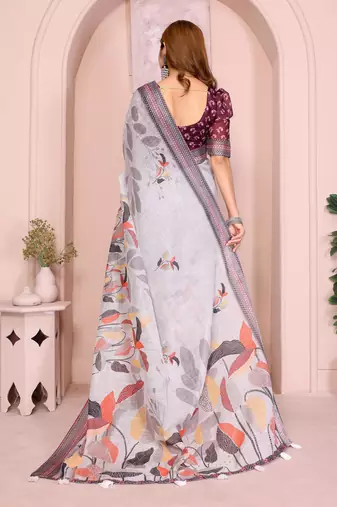 grey printed  designer pallu linen saree