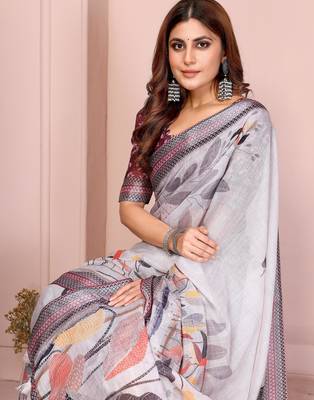 grey printed  designer pallu linen saree 4