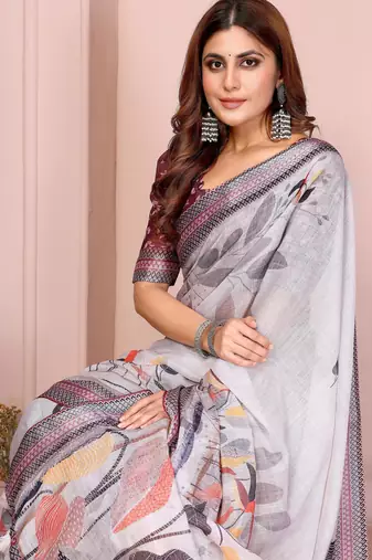 grey printed  designer pallu linen saree