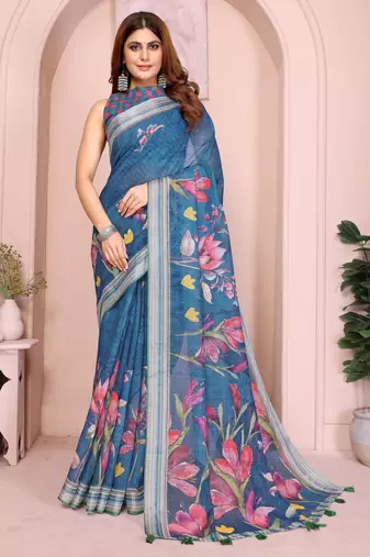 teal printed  designer pallu linen saree