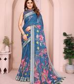 teal printed  designer pallu linen saree