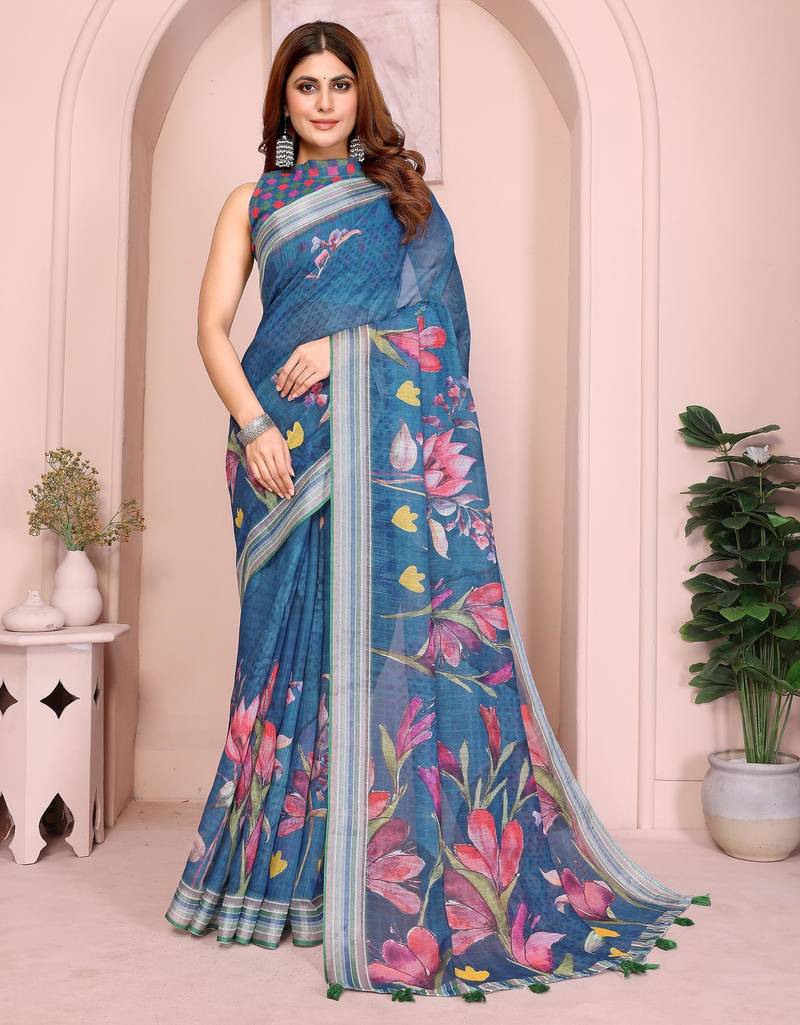 teal printed  designer pallu linen saree