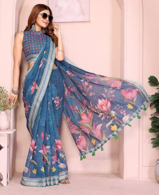 teal printed  designer pallu linen saree 2
