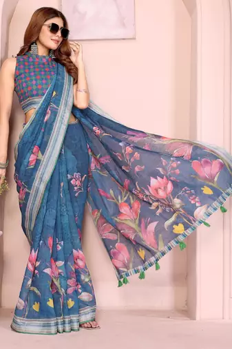 teal printed  designer pallu linen saree