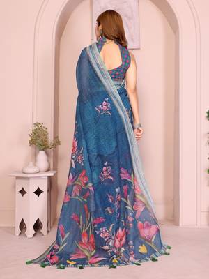 teal printed  designer pallu linen saree 3