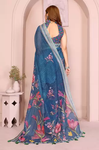 teal printed  designer pallu linen saree