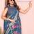 teal printed  designer pallu linen saree