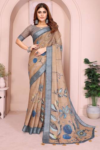 chiku printed  designer pallu linen saree