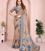chiku printed  designer pallu linen saree
