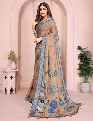 chiku printed  designer pallu linen saree 2