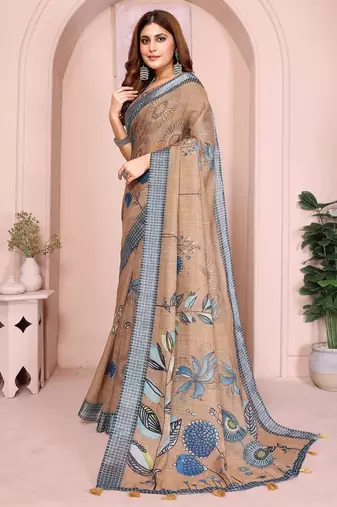 chiku printed  designer pallu linen saree
