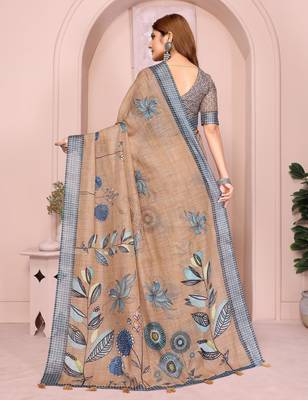 chiku printed  designer pallu linen saree 3