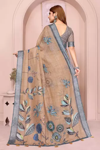 chiku printed  designer pallu linen saree