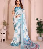 off white printed  designer pallu linen saree