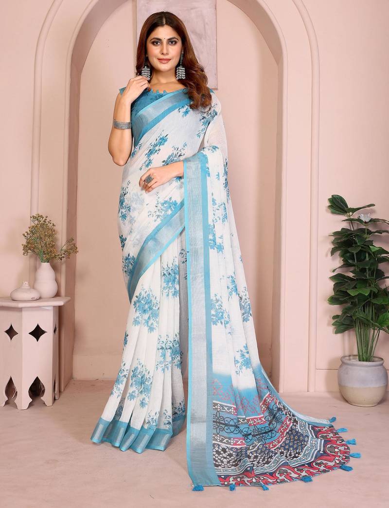 off white printed  designer pallu linen saree