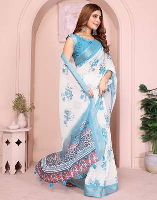 off white printed  designer pallu linen saree 2