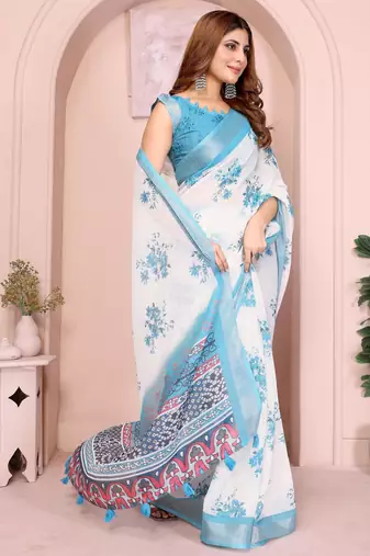 off white printed  designer pallu linen saree
