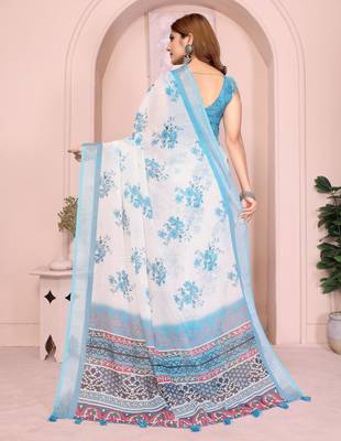 off white printed  designer pallu linen saree 3