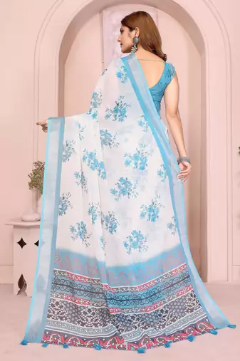 off white printed  designer pallu linen saree