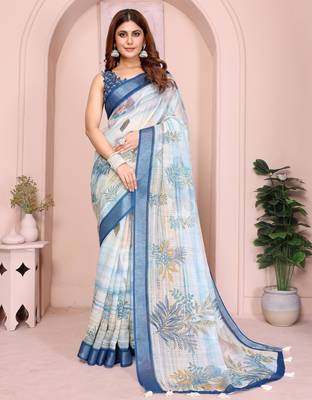 off white printed  designer pallu linen saree 1