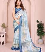 off white printed  designer pallu linen saree
