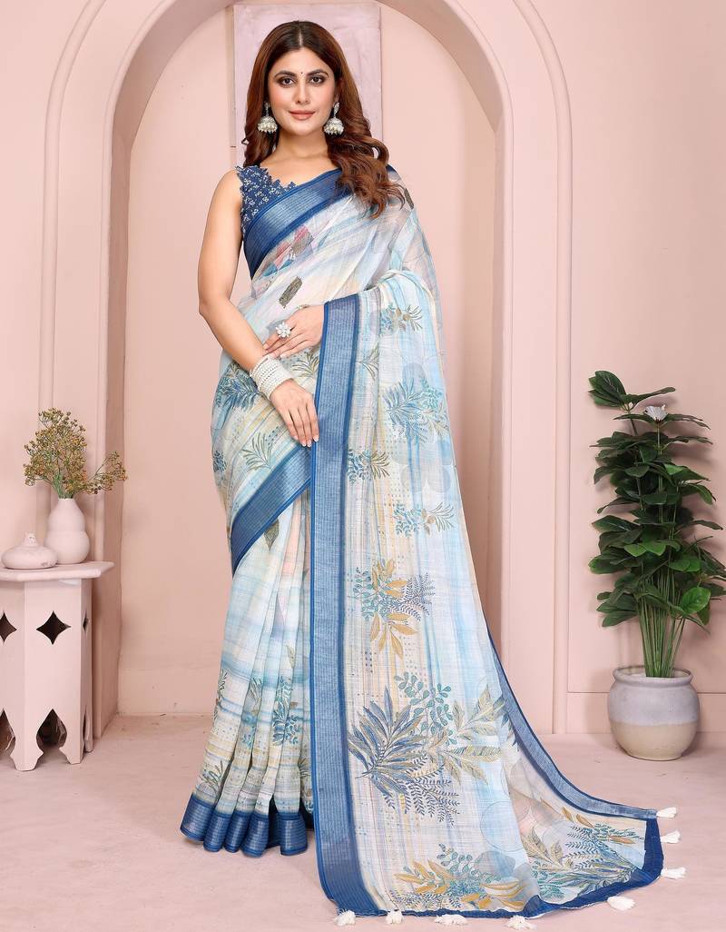 off white printed  designer pallu linen saree