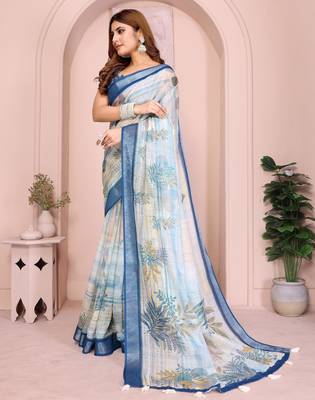 off white printed  designer pallu linen saree 2