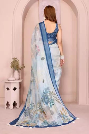 off white printed  designer pallu linen saree