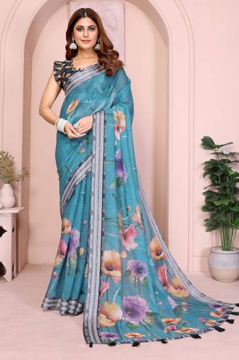 teal printed  designer pallu linen saree