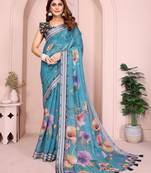 teal printed  designer pallu linen saree