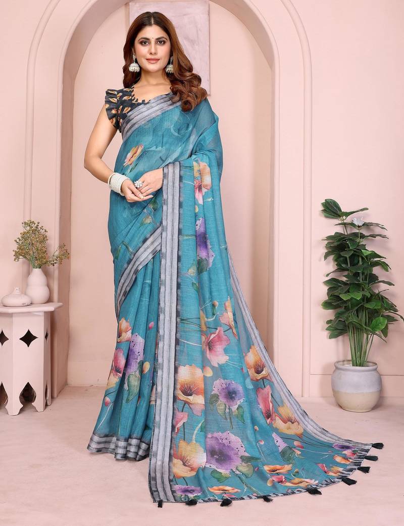 teal printed  designer pallu linen saree