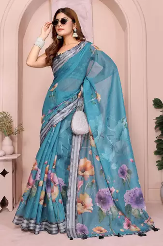 teal printed  designer pallu linen saree