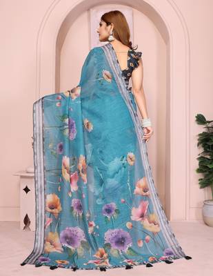 teal printed  designer pallu linen saree 3