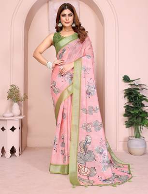 light orange printed  designer pallu linen saree 1