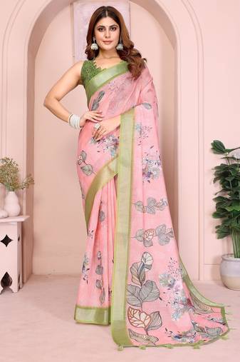 light orange printed  designer pallu linen saree