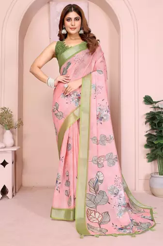 light orange printed  designer pallu linen saree