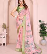 light orange printed  designer pallu linen saree