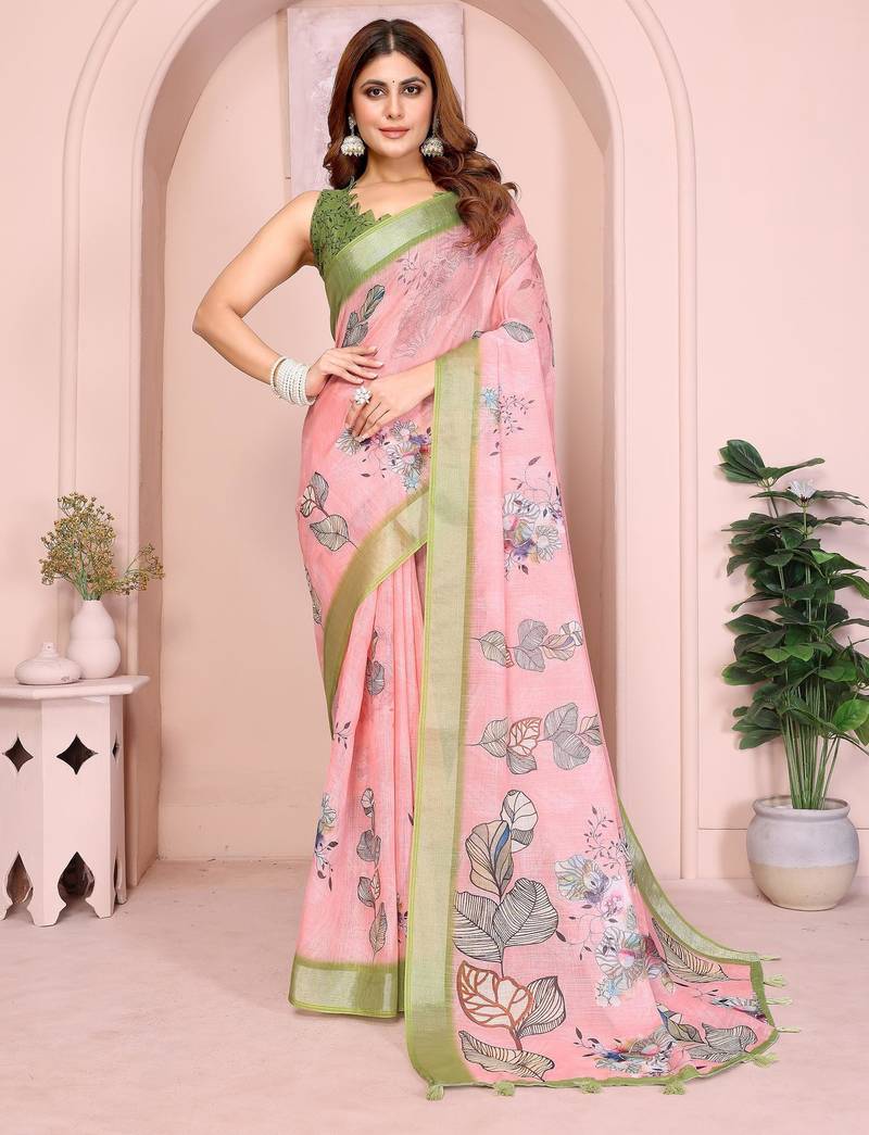 light orange printed  designer pallu linen saree