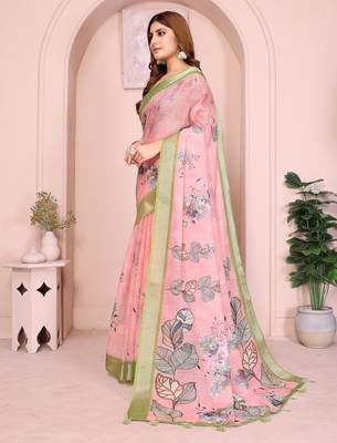 light orange printed  designer pallu linen saree 2